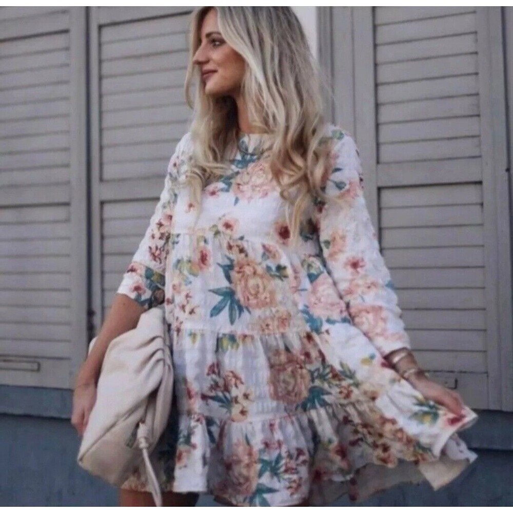 Zara The Sharon Multicolored Floral Print Textured Tiered Babydoll Dress Sm NWT